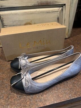 Silver Quilted Flats with Black Cap Toe and Bow